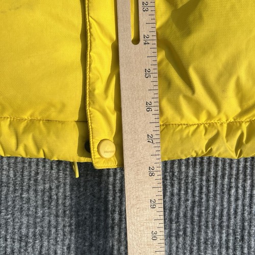 Marmot Hooded Jacket Mens Small Yellow Gray Goose Down 650 Fill Repaired Arm - Picture 22 of 24