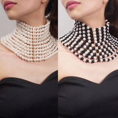 Women Vintage Choker Multi Strands Layered Faux Pearl Jewelry Statement Necklace - Picture 2 of 8
