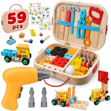 59Pcs Kids Tool Set Toy for Boys - Montessori STEM Wooden Play Tool Box Kit w...