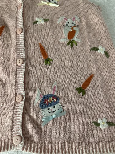 VTG Artsy Sweater Vest Womens Capacity Sz XL Petites Bunnies Pink Spring Read - Picture 2 of 17