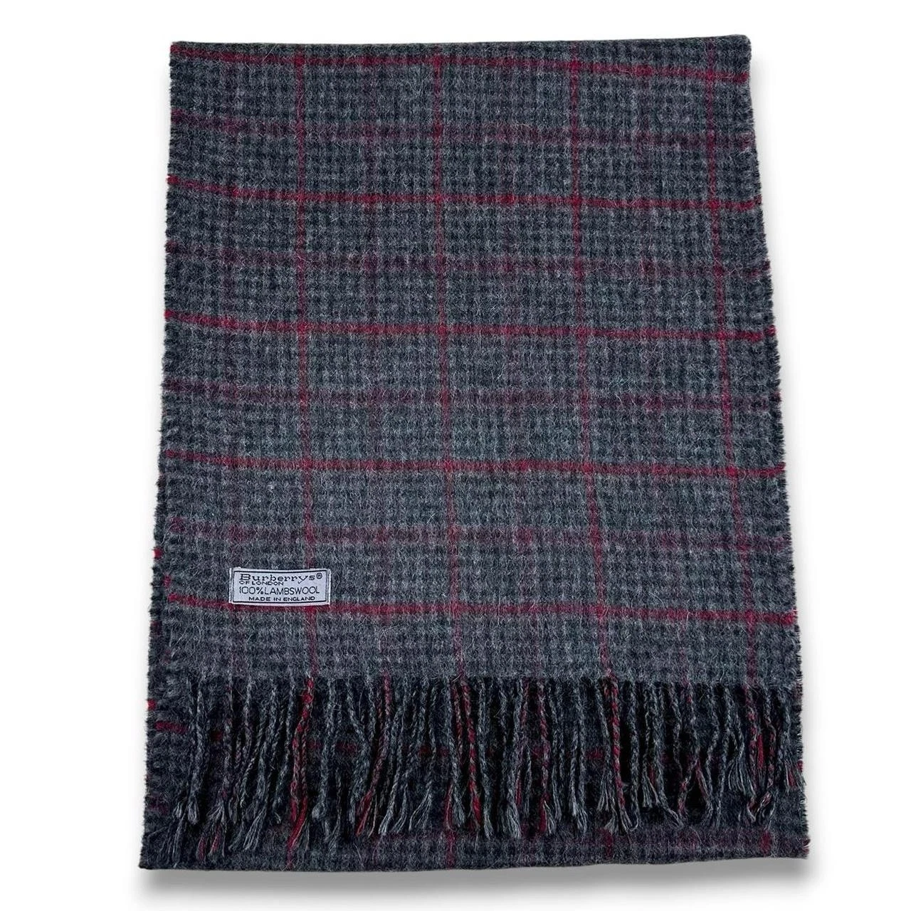 Vintage Burberry 100% Wool Lambswool Wide Checked Scarf, Greys & Burgundy (A141)