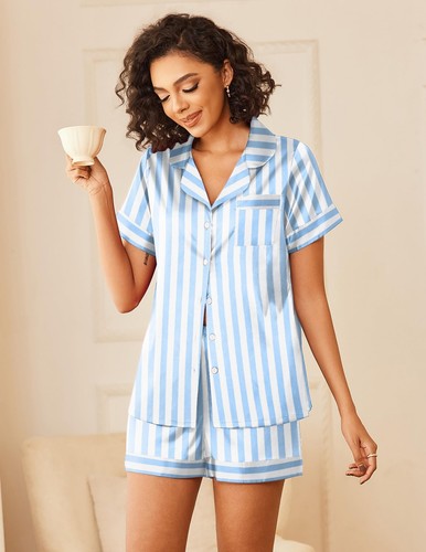 Womens Silk Satin Pajamas Sets 2 Piece Short Sleeve Sleepwear Button Down Top... - Picture 3 of 5