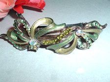 VINTAGE GOLD GREEN ENAMEL AND RHINESTONE FLORAL HAIR BARRETTE