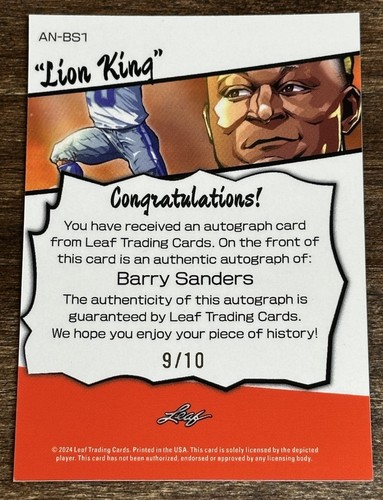 ‼️2024 Leaf Barry Sanders Auto Lion King #9/10 Anime Nation Detroit Lions Rare - Picture 2 of 2