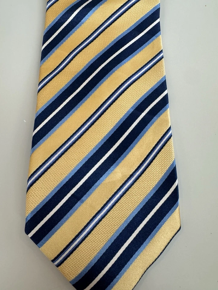 Мужской галстук DOCKERS, 100% шелк, ручной работы, в полоску, золотой и синий - Изображение 2 из 3