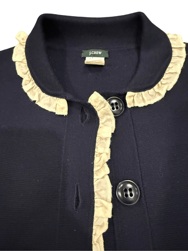 J Crew Vintage Navy Wool Cardigan Sweater Portrait Collar Ruffle Trim Gr. L - Bild 3 von 8