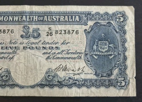 LAST PREFIX Commonwealth of Australia Five Pounds Bank Note - COOMBS WATT circ - Picture 4 of 7