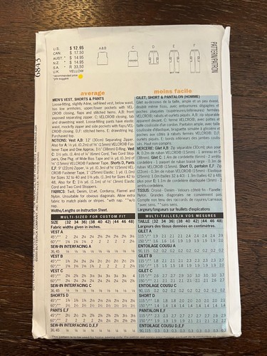 Butterick 6843 UNCUT Sewing Pattern, Men's Vest, Shorts & Pants, Size 44-46-48 - Picture 2 of 2