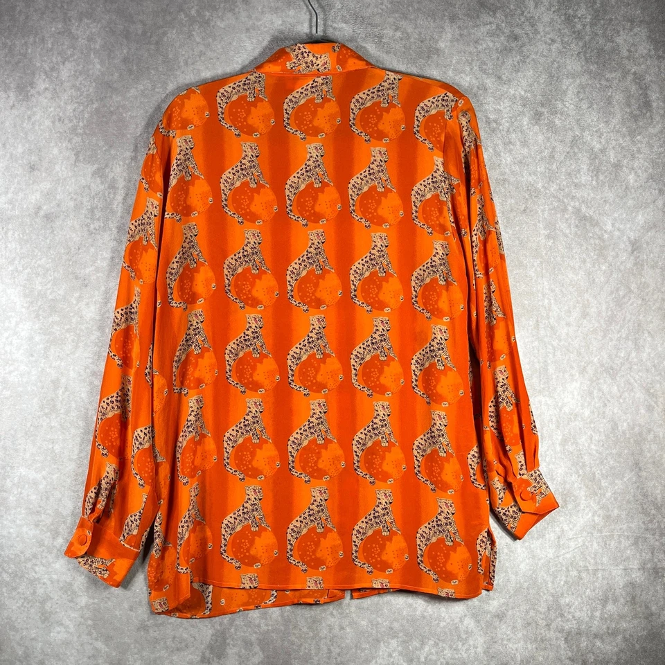 Blusa de piano vintage para mujer mediana naranja estampado de guepardo seda artística dinero antiguo  Foto 4 de 4