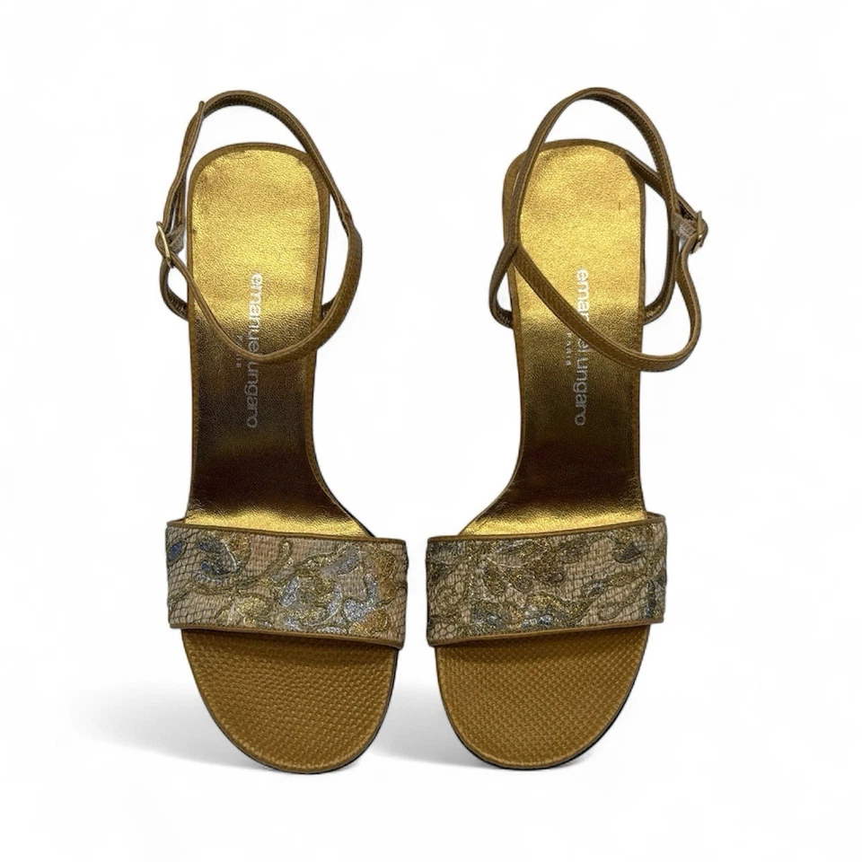Tacones de aguja con correa de tobillo/encaje dorado EMANUEL UNGARO PARIS talla 7,5 nuevos sin caja Foto 2 de 4