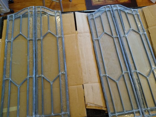 Two Pairs Real Antique Leaded Glass Arched Top Windows 28" x 6.75" Each Panel - Picture 6 of 10