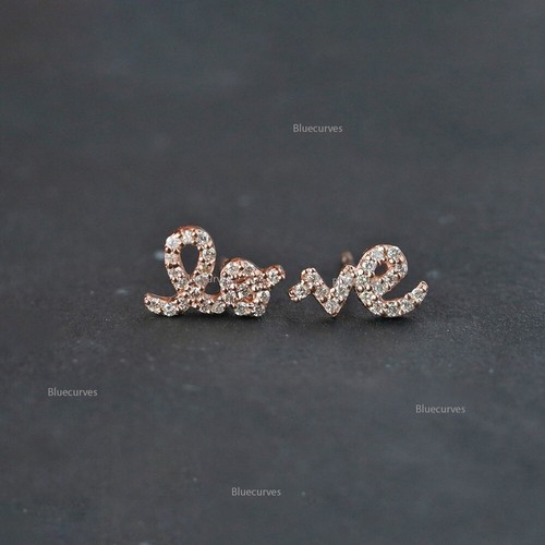 Natürlicher Diamant Liebe später Initialen Worte Mini Ohrstecker 14k Gelbgold  - Bild 1 von 13