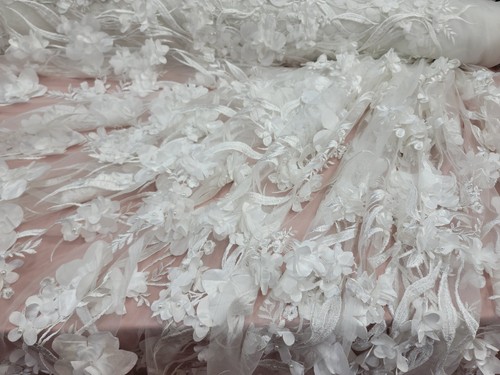 Bridal Wedding Fabric Hand Embroidery Satin Flower 3D Lace Pearls By The Yard - Picture 10 of 10
