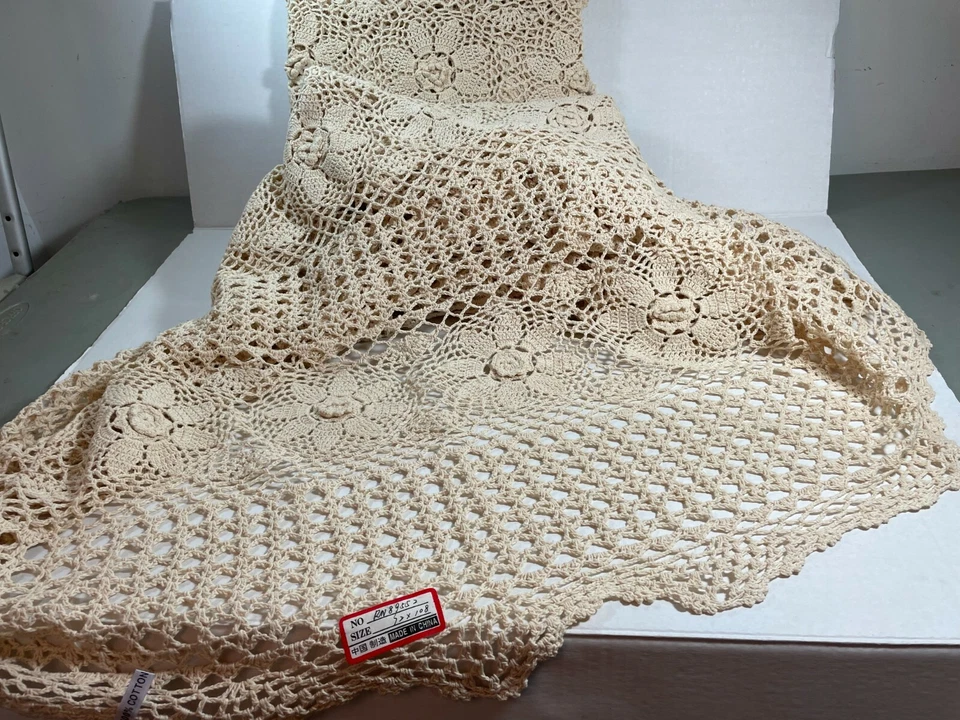 New Handmade Crochet Lace Tablecloth, rectangular 72" x 108" 100% Cotton, Beige - Image 4 of 4