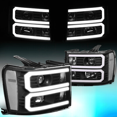 FOR 2007-2014 GMC SIERRA U-SHAPED LED DRL PROJECTOR HEADLIGHT LAMPS BLACK/CLEAR