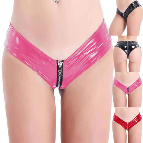 Damen Glänzende Pvc-Leder Booty Shorts Höschen Reißverschluss Crotch ≌ - Bild 2 von 18