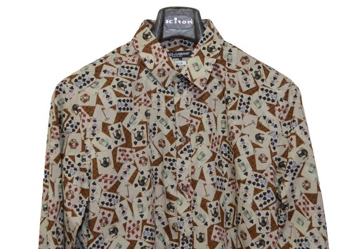 Men's Dolce & Gabbana Gold Dress Shirt 42 16.5 Cards Print Beige/Brown Cotton - Picture 5 of 8