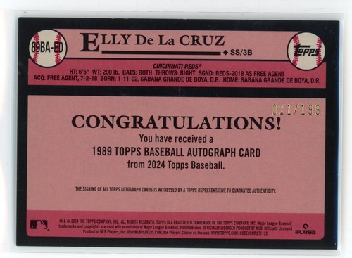 2024 Topps Elly de la Cruz /199 Auto Black Border RC Rookie Reds 1989 D1014 - Bild 2 von 3
