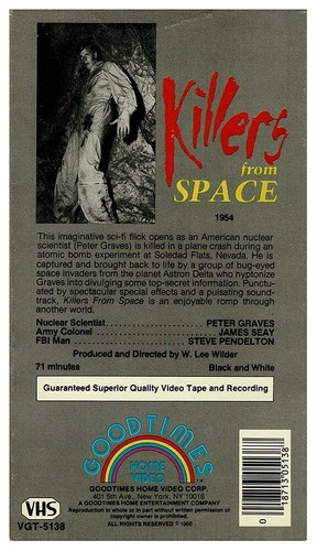 Killers from Space (1954) starring Peter Graves (VHS 1986 Good Times Video) - Imagen 2 de 2