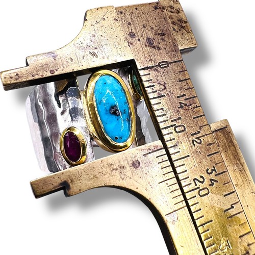 Artisan Vermeil 925 Sterling Silver Blue Turquoise Multi Gemstone Ring Size 10 - Picture 10 of 15