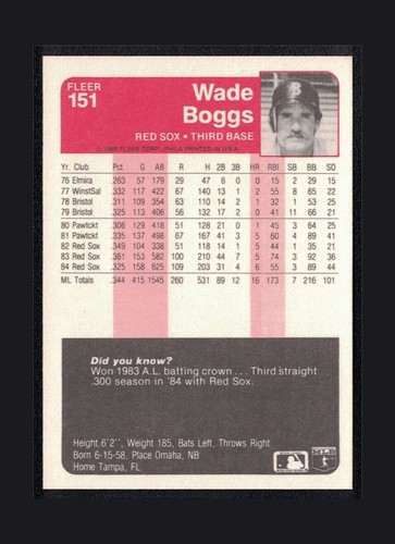1985 Fleer - Wade Boggs #151 - Bild 2 von 3