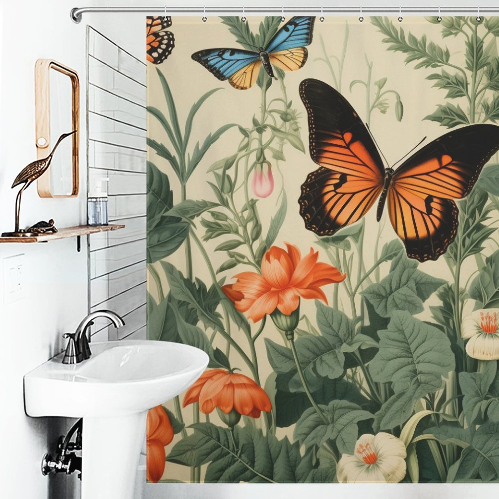 Spring Blossoms and Butterflies Bathroom Shower Curtain Waterproof 12pcs Hooks - Picture 3 of 17