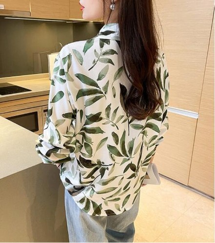 Damen 2024 koreanische Mode Blätter bedruckt Langarm Kleid Shirt Bluse Top  - Bild 10 von 11