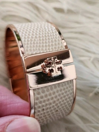 TORY BURCH Leather Inlay Cuff Bracelet ROSE GOLD-TONE Snakeskin Embossed HINGE - Picture 4 of 13