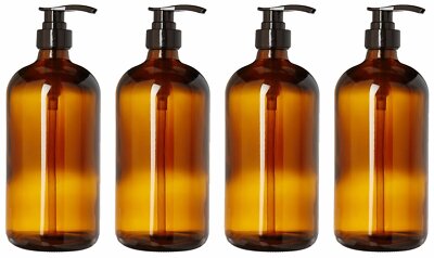 kitchentoolz 32-Ounce Large Amber Glass Bottles with Black Pumps