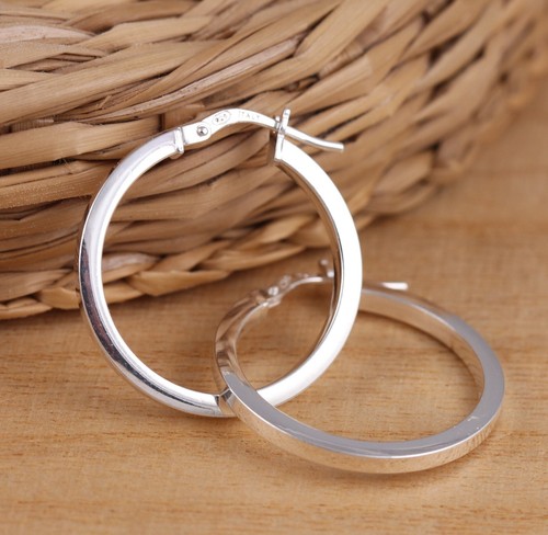 925 Sterling Silver Huggie Hoop Earrings Square Tube 14mm-35mm Diameter (Pair) - Picture 4 of 6