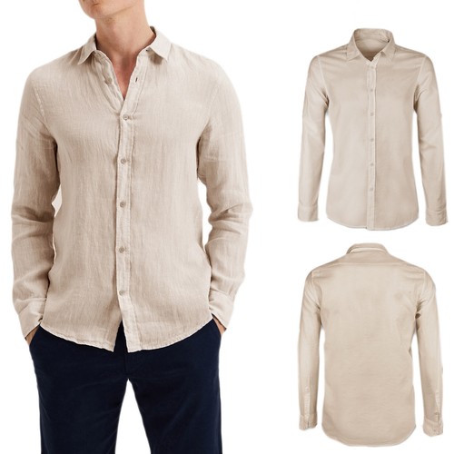 Camicia Uomo Di Lino Casual Slim Fit Manica Lunga Bianca Celeste Blu Verde Veque - Imagen 6 de 52
