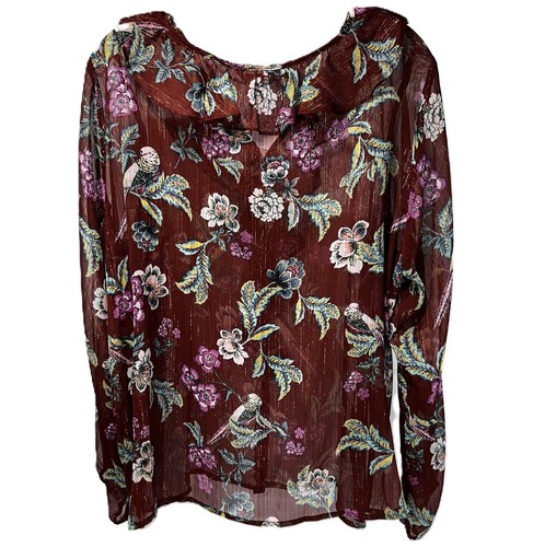 NWT LC Lauren Conrad Women's XL Long Sleeve Sheer Ruffled Blouse Top Burgundy - Picture 3 of 6
