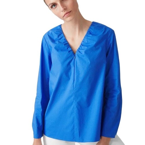 COS A Line Cotton Top Minimalist Zip Front Cotton Blue Size 8 BOLD Color