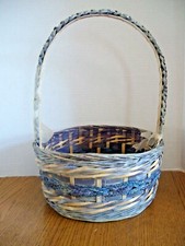 VINTAGE WOVEN  BRAIDED WICKER EASTER BASKET w/Blue Bands  BRAIDED HANDLE 10"