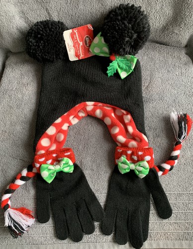 Girls MINNIE MOUSE Red Holiday Knit Laplander Beanie Winter Hat & Gloves NWT 6+ - Picture 3 of 4