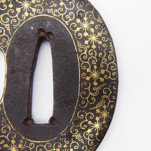 Tsuba Higo-inlay Arabesque Japanese Antique Sword Fitting Samurai Tanto - Picture 7 of 23