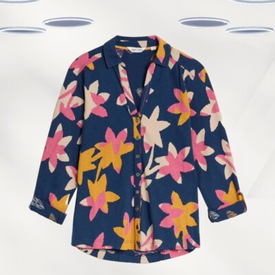 Ex White Stuff Women's Long Sleeve Printed Jersey Shirt in Navy (Defect)