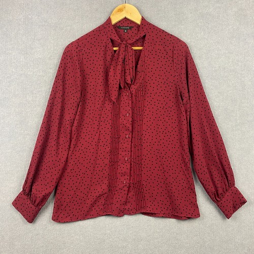Portmans Blouse Womens 8 Red Black Spotted Shirt Pin Tuck Pussy Bow Lightweight