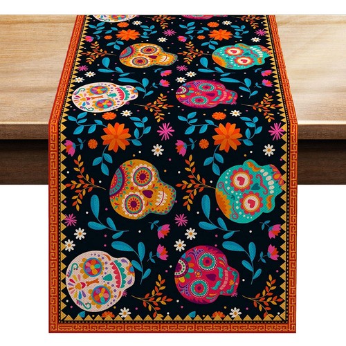 Mexican Day of The Dead Linen Tablecloth Halloween Floral Skull Cloth Runner - Picture 9 of 14
