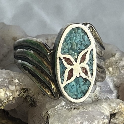 Vintage G&S Turquoise & Coral Chip Butterfly Inlay Boho Western Ring Sz 10