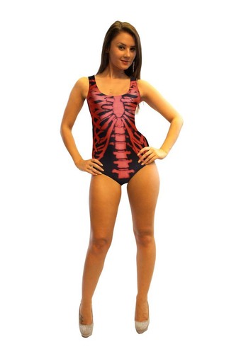 Red & Black X-Ray Skeleton Ribcage Bones Swimsuit Bodysuit Top Goth Punk - Picture 2 of 3