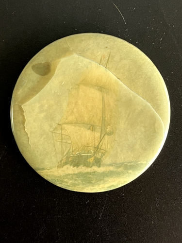 SELTENER VINTAGE TASCHENSPIEGEL groß Segelschiff Laminat gerissen - Bild 2 von 3