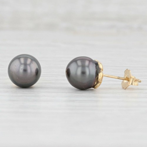 Cultured Black Pearl Stud Earrings 18k Yellow Gold Saltwater Pearls Designer - Picture 2 of 5