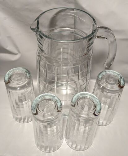 Jarra de vidrio pesado óptica de bloque Pasabahce + 4 vasos Highball agua de té helado - Imagen 3 de 17