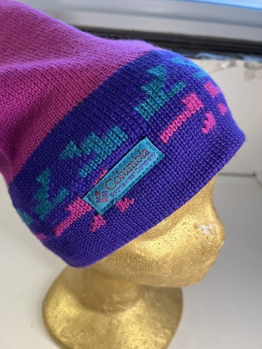 Vintage Columbia Wool Knit Beanie Fair Isle Ski Snowboard Hat Canada Pink Purple - Picture 11 of 17