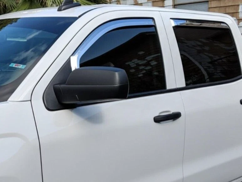 Protectores de lluvia cromados de montaje en canal para Silverado Sierra 2014-2018 doble cabina completa Foto 4 de 4