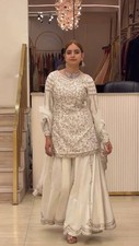 Party Wear White Faux Georgette Kurta Palazzo With Dupatta For Women