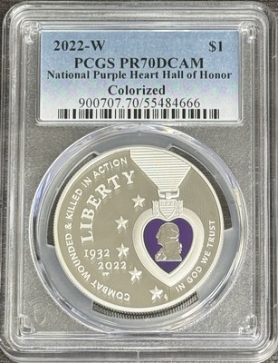 2022 W Proof Colorized Purple Heart Silver Dollar PCGS PR70DCAM