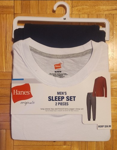 Hanes Originals Men's 2pc Soft French Terry Joggers Pajama Set White Blue Size M