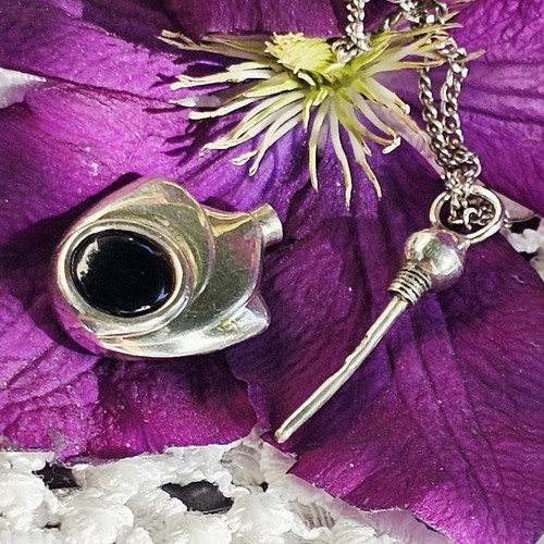 Collier Moderniste Design Norvegien Petit Flacon Ouvrant Argent 925 Onyx Chaine - Imagen 2 de 9